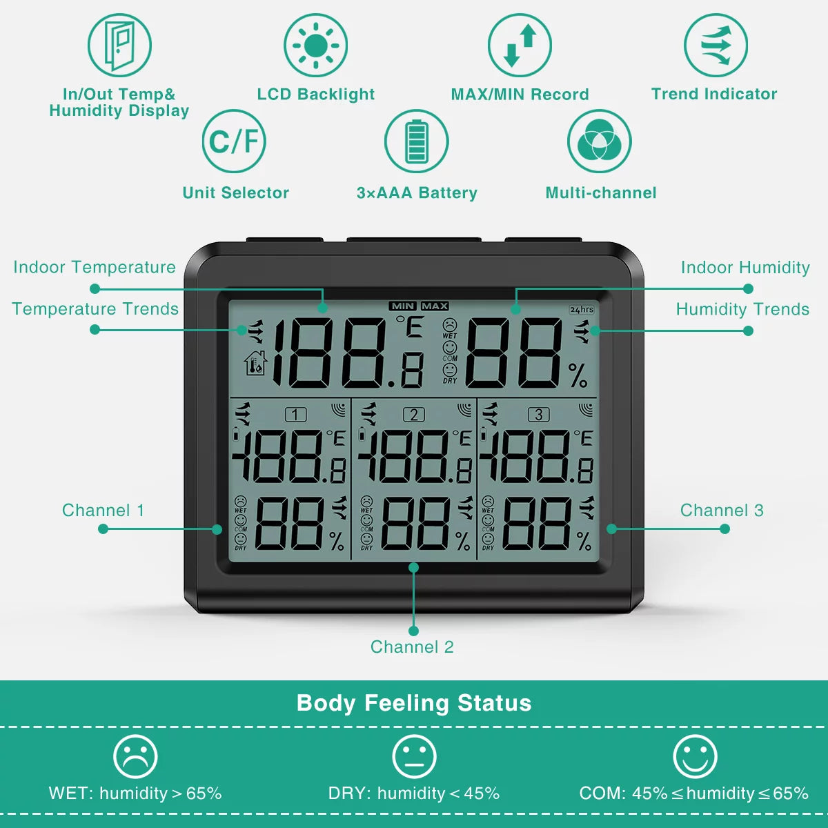 Black Digital Thermometer with 3 Wireless Sensors F79980