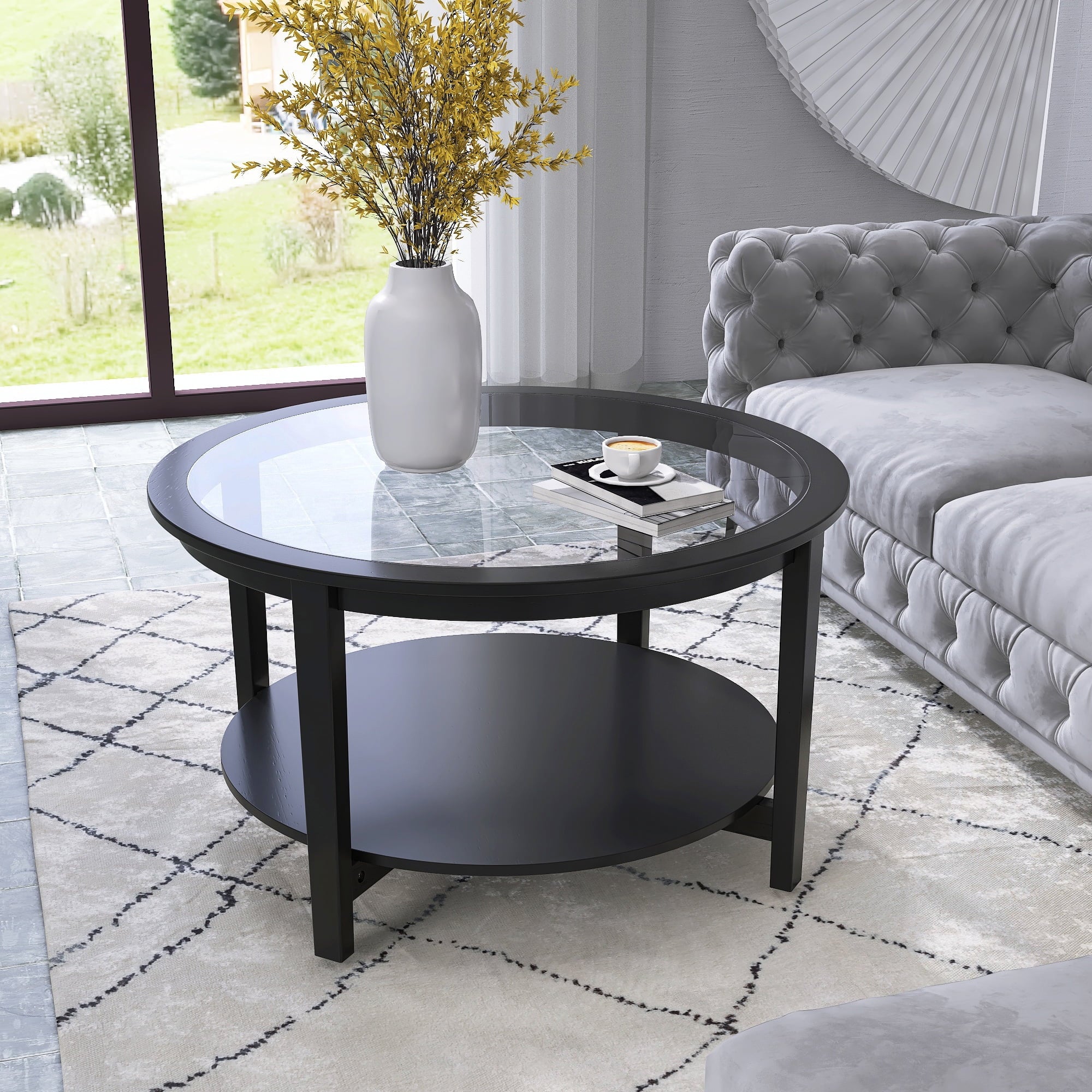 Black Round Tempered Glass Coffee Table with Solid Wood Legs A1992