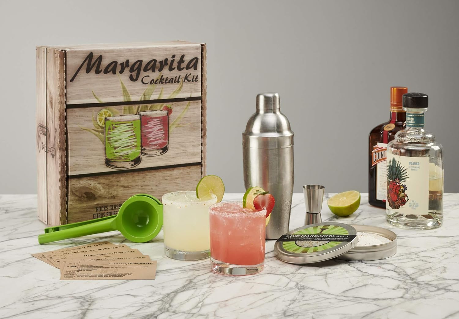 Set of Rocks Glasses, Stainless Cocktail Shaker & Jigger, Citrus Squeezer, Margarita Salt, Recipe Cards S619