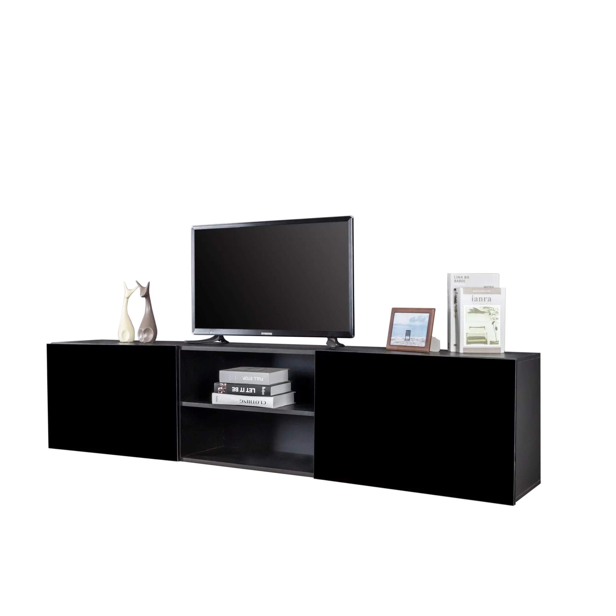 Floating TV Stand with Shelf and Clamshell Doors H1027