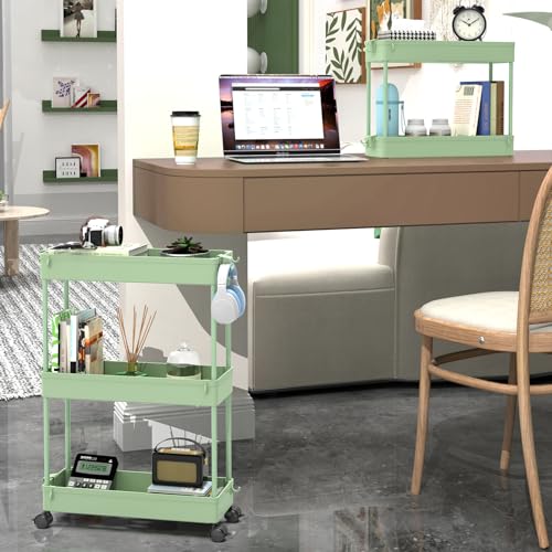 Slim Storage Cart 3 Tier Mobile Shelving Unit Rolling Utility Cart Tower Rack, Plastic & Stainless Steel C423918