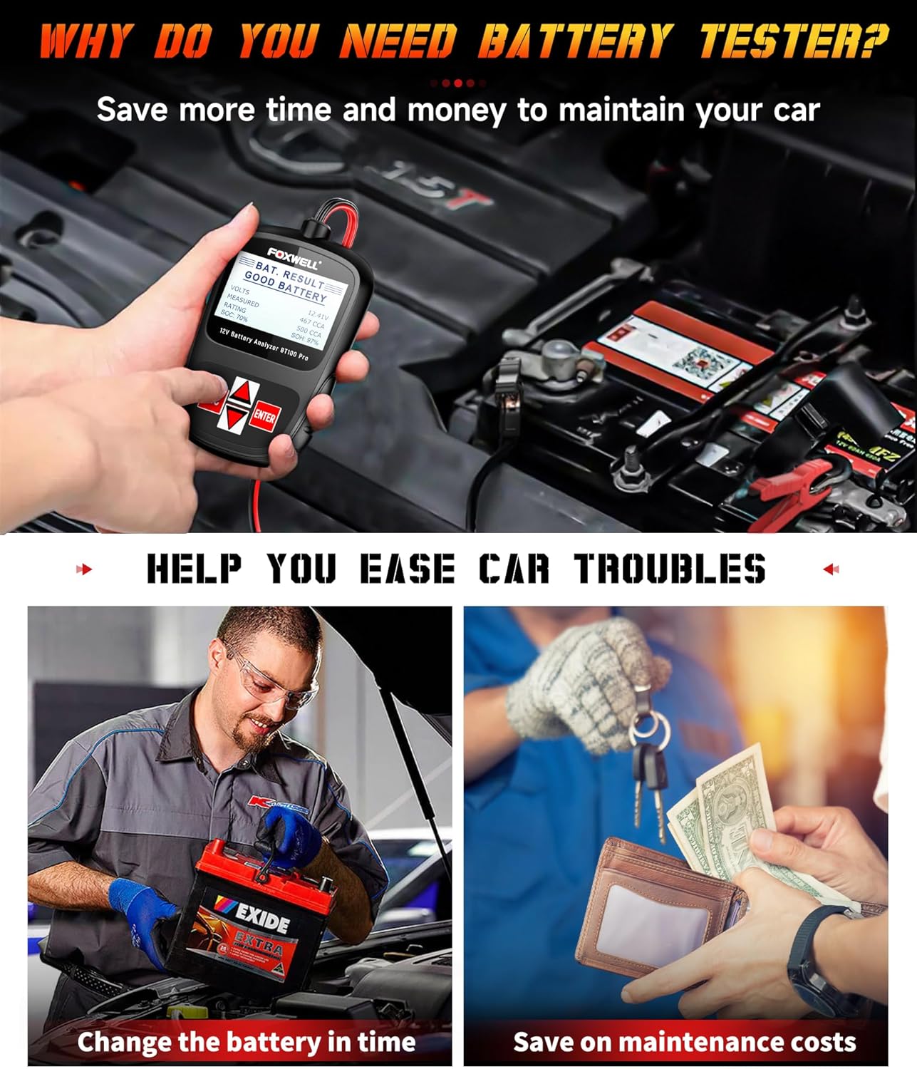 OBD2 Scanner with ABS Auto Bleed ABS SRS/Airbag Car Diagnostic Tool, 12V Car Battery Tester A171