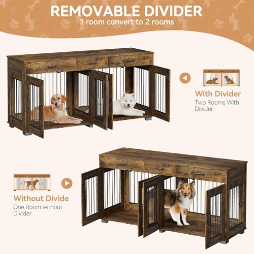 White Wooden Double Dog Crate with 3 Drawers T601938