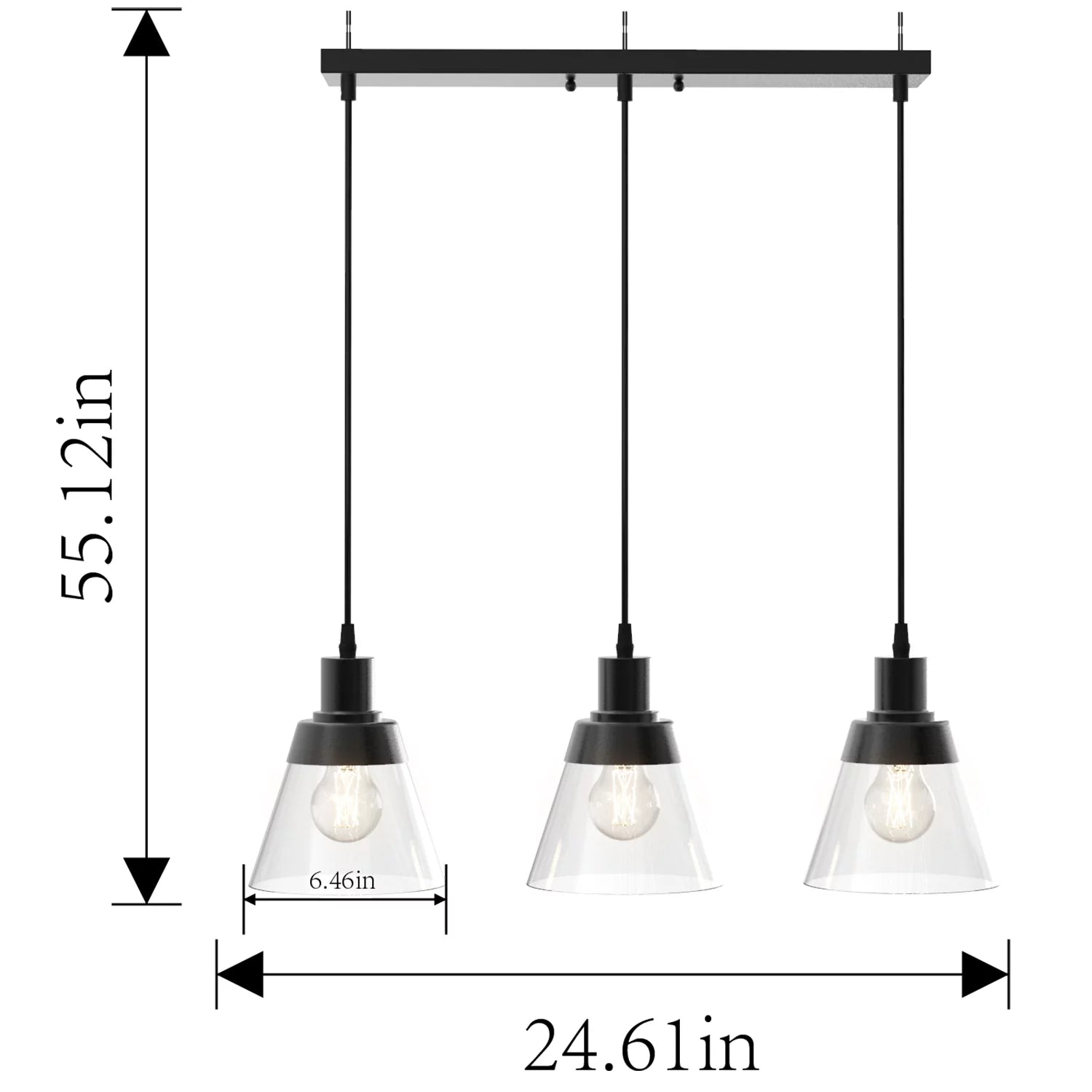 Black Finish Clear Glass 3-Light Island Pendant Light P687