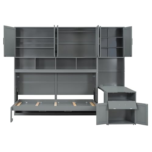 Grey Wooden Twin Murphy Bed with Storage Cabinet and Desk V8757