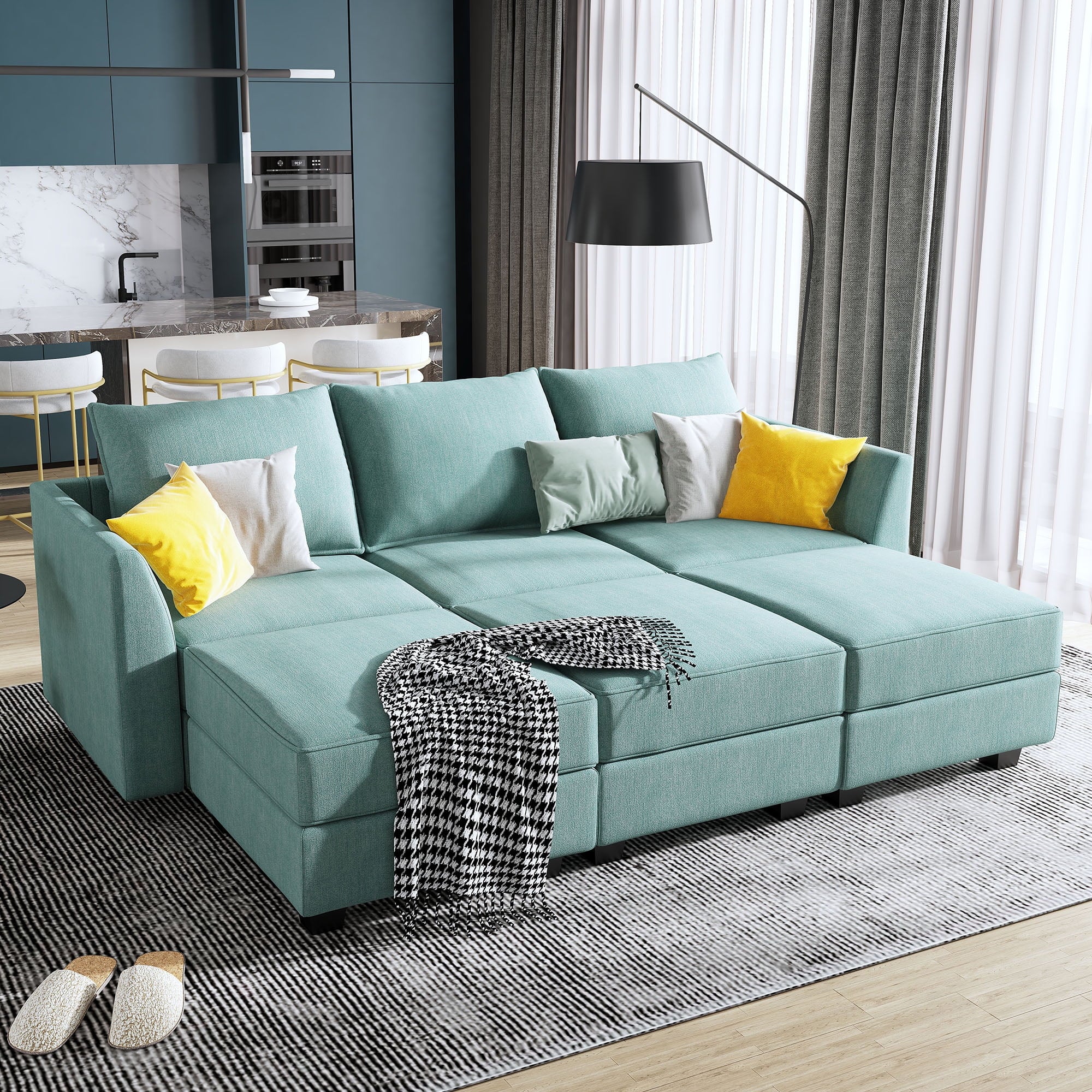 Aqua Blue Fabric 6 Pieces Sleeper Sectional Sofa Bed with Storage Ottomans X329