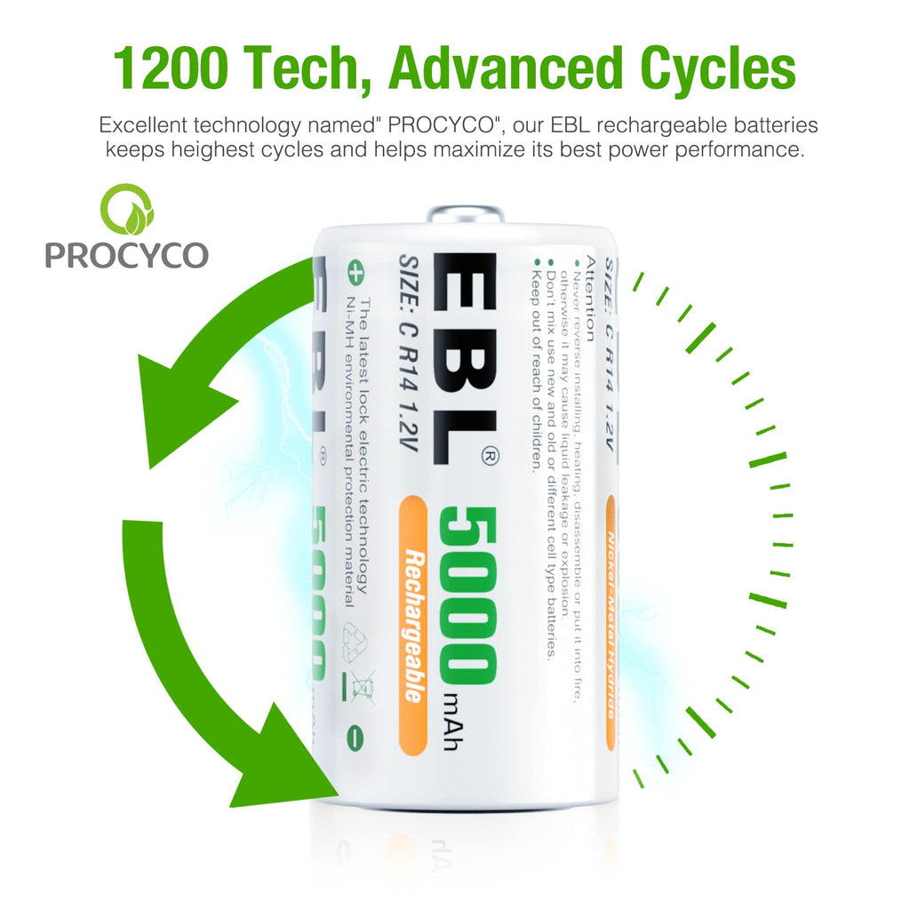 Pack of 4 Rechargeable C Batteries 5000mAh Ni-MH L9989