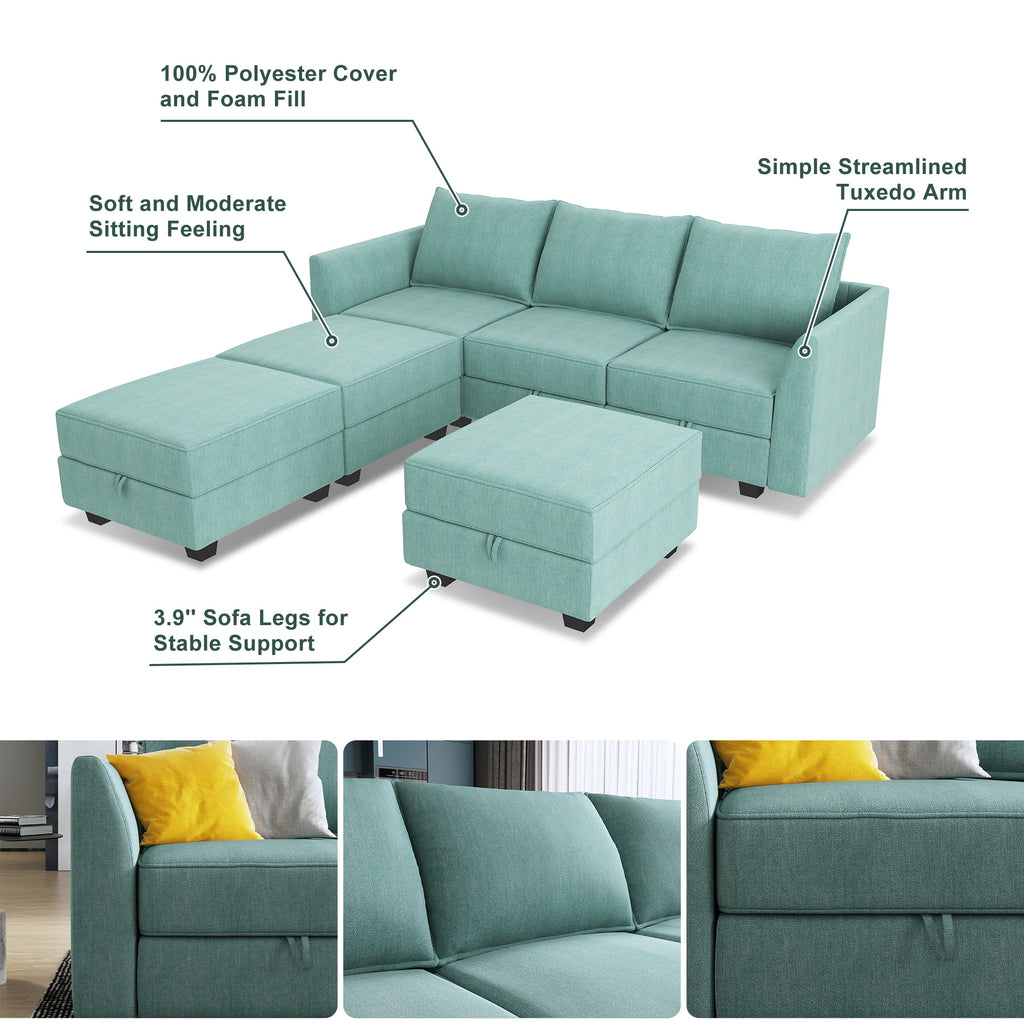Aqua Blue Fabric 6 Pieces Sleeper Sectional Sofa Bed with Storage Ottomans X329