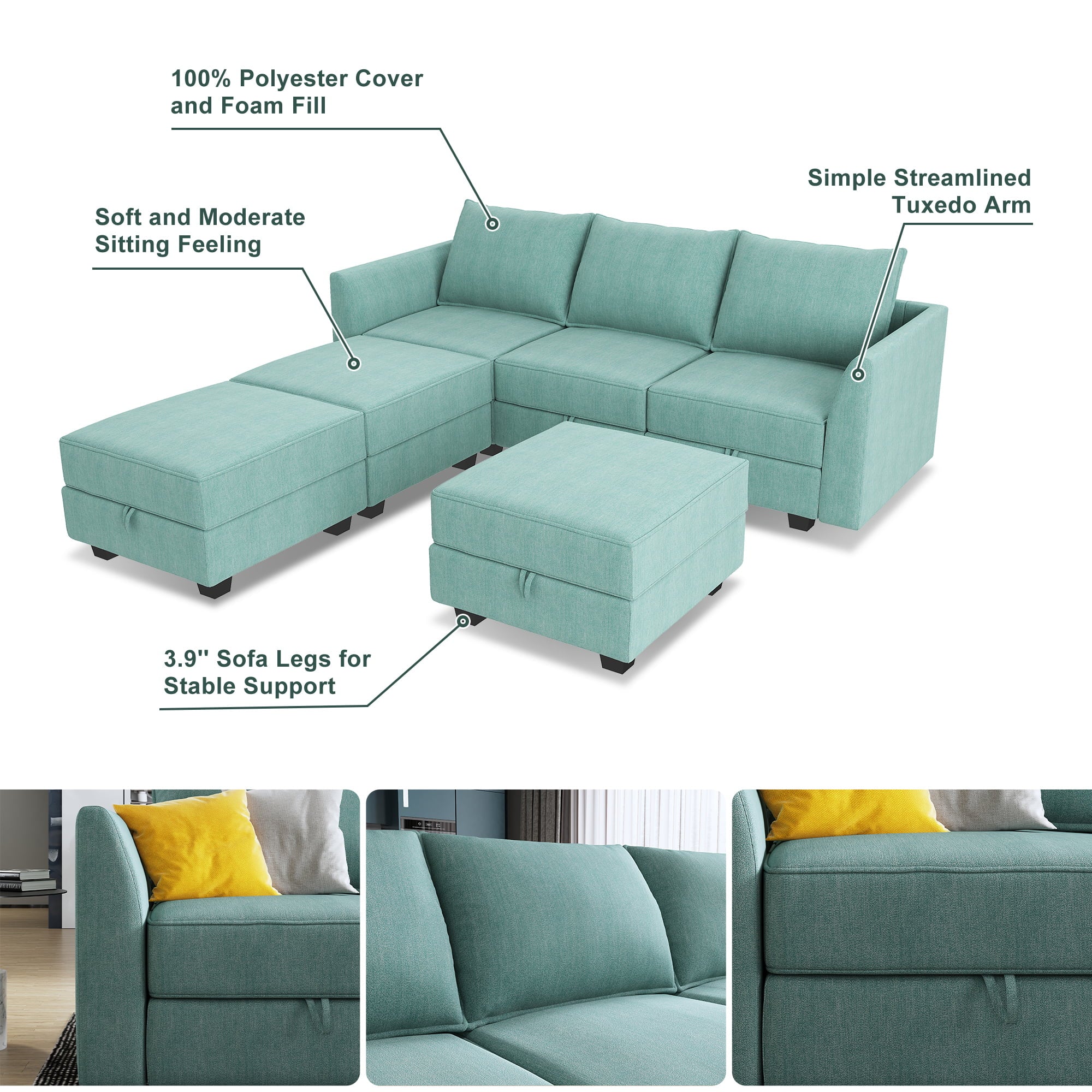 Aqua Blue Fabric 6 Pieces Sleeper Sectional Sofa Bed with Storage Ottomans X329