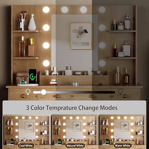 White Vanity Desk with Mirror and Lights, 3 Drawers and Cabinets E10663