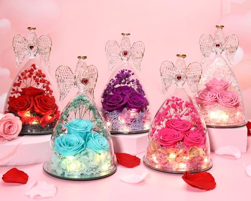 Preserved Flower Three Real Roses in Glass Angel Figurines Pink Z69157