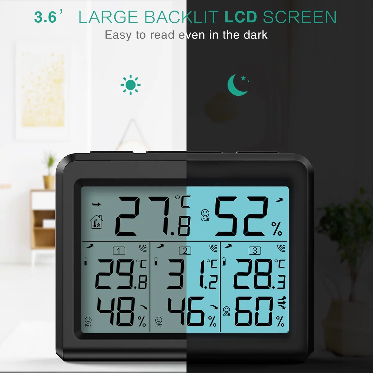 Black Digital Thermometer with 3 Wireless Sensors F79980