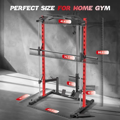 Smith Machine with LAT-Pull Down, Power Cage with Cable Crossover, Squat Rack with Landmine, Barbell Bar, Plate Storage Pegs J671420