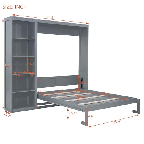 Queen Murphy Bed with Storage Bookcase Shelves, Wood Folding Grey Murphy Wall Bed Cabinet Q345567