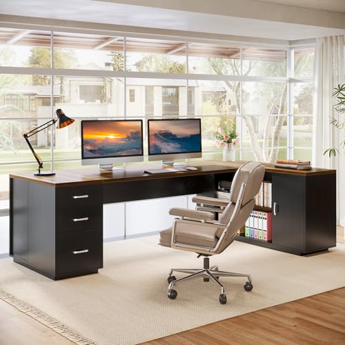 85.8-Inch L-Shaped Executive Desk with File Drawers, Door Cabinet & Shelves, White & Brown Y890