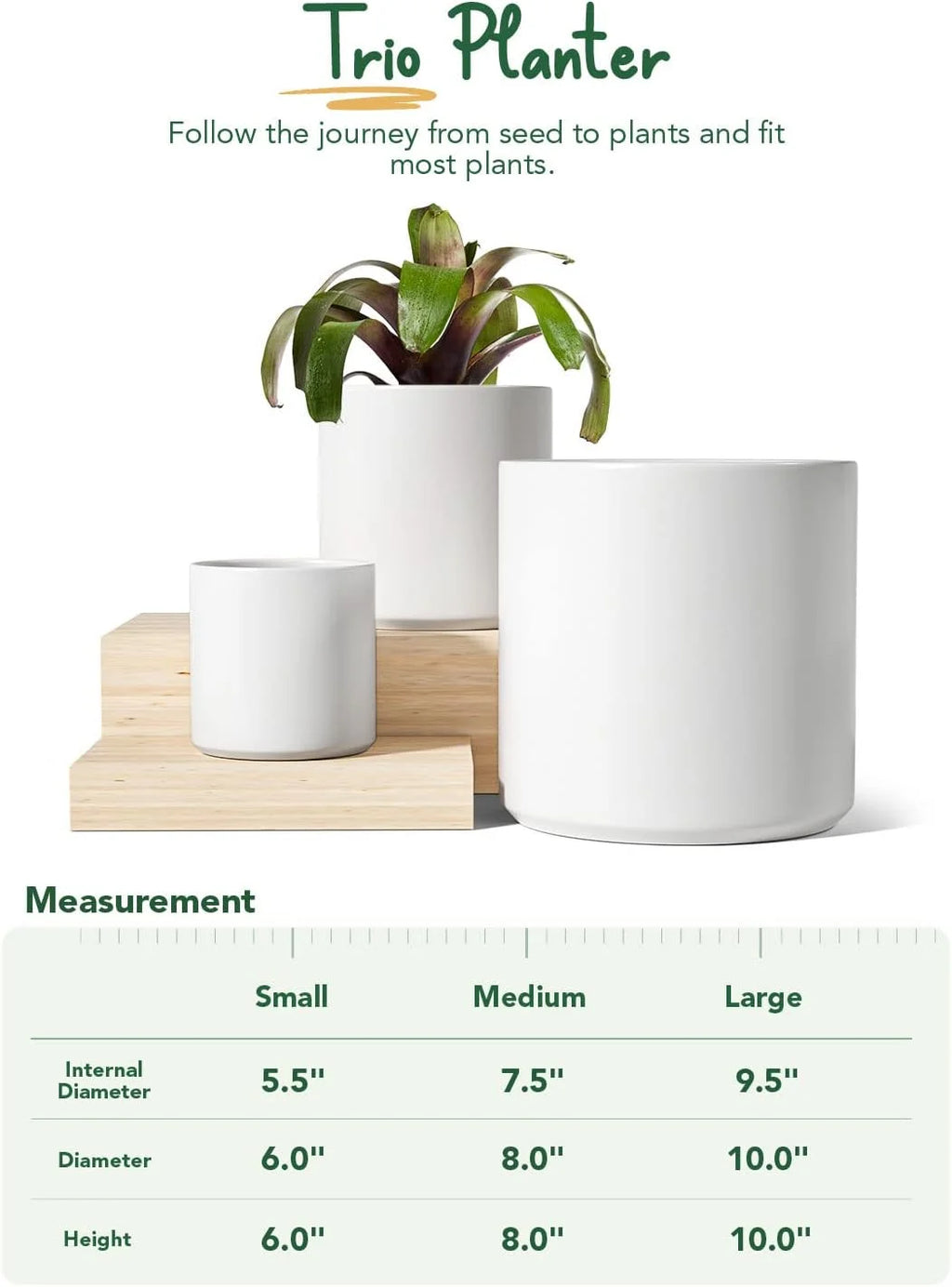 10/8/6 Inch White Ceramic Plant Pots Set of 3 R2357