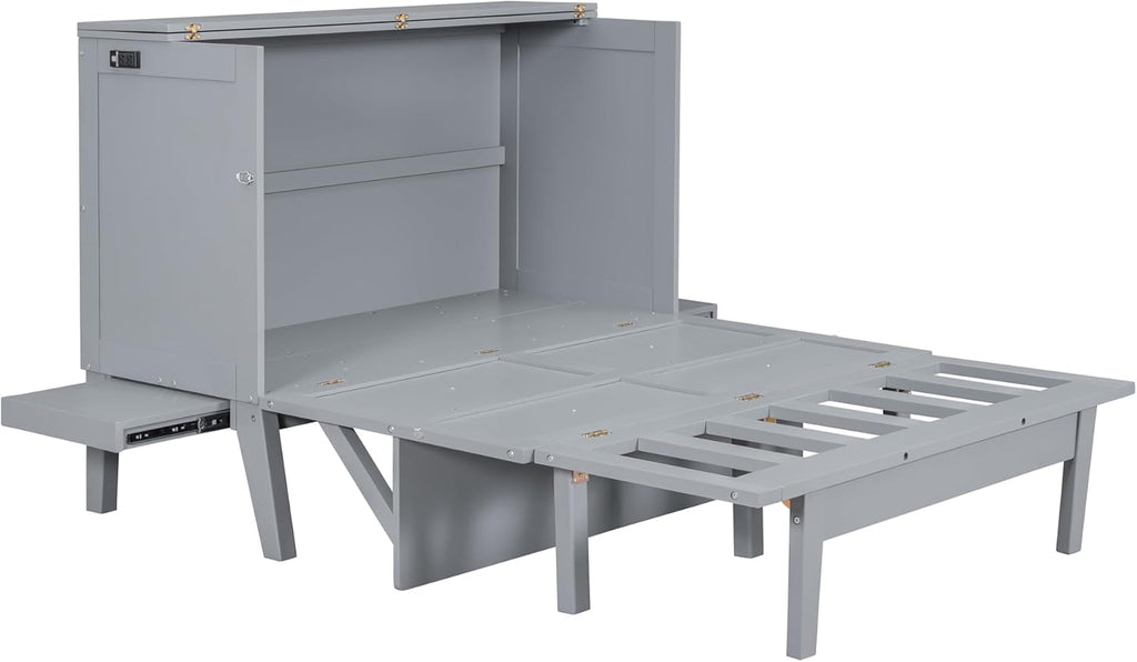 Gray Full Size Murphy Wall Bed with Cabinet J8399