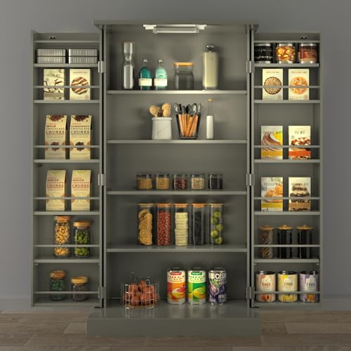 Grey 50" LED Kitchen Pantry Cabinet with Doors and Adjustable Shelves Q79979