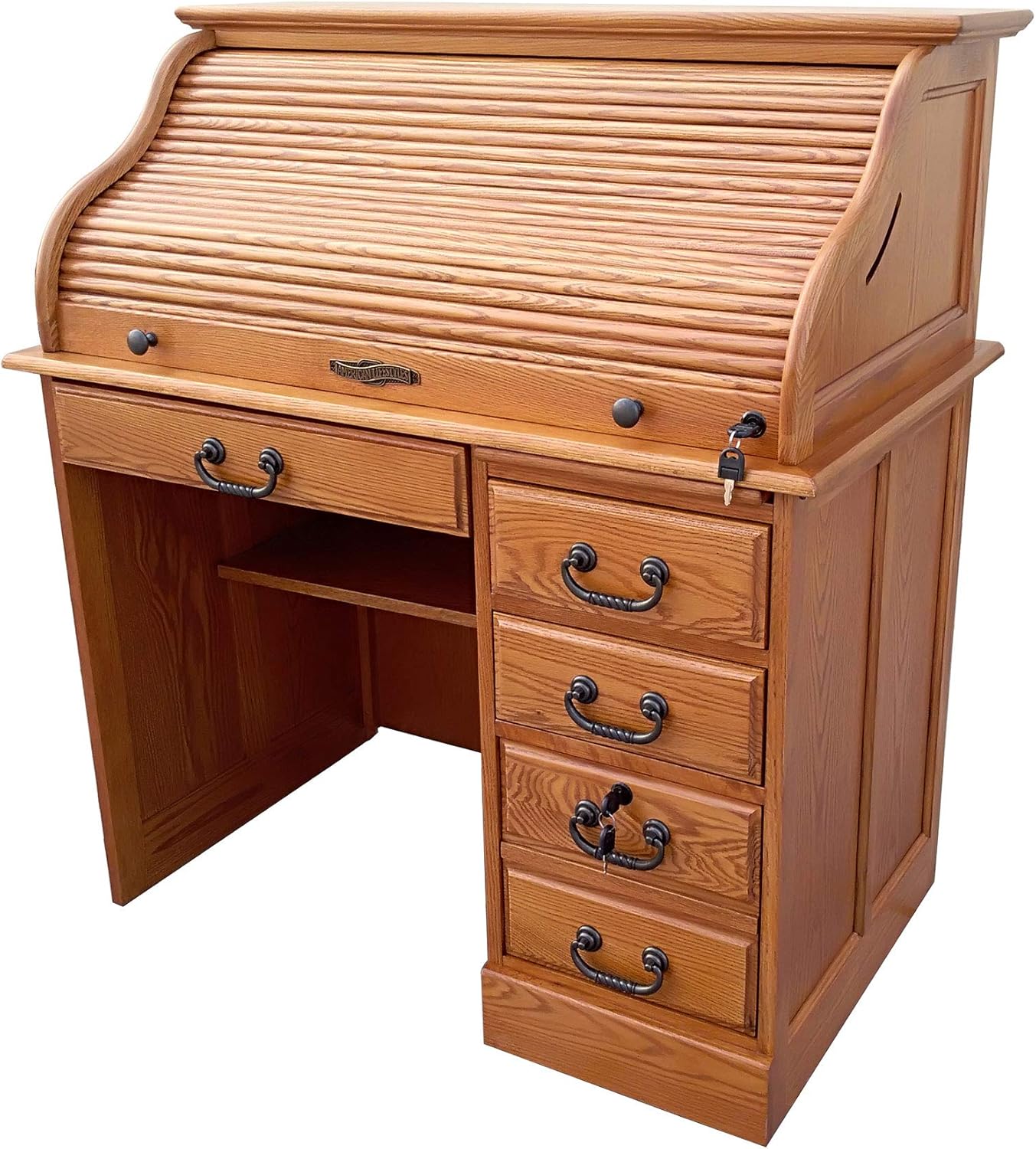 Solid Oak Wood Roll Top Desk with Locking File Drawers P11156