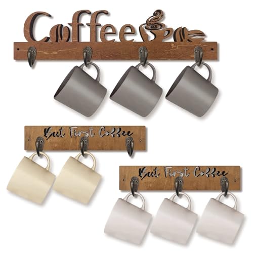 3 Pack Wall Mounted Wooden Coffee Mug Shelf with 10 Hooks J15873