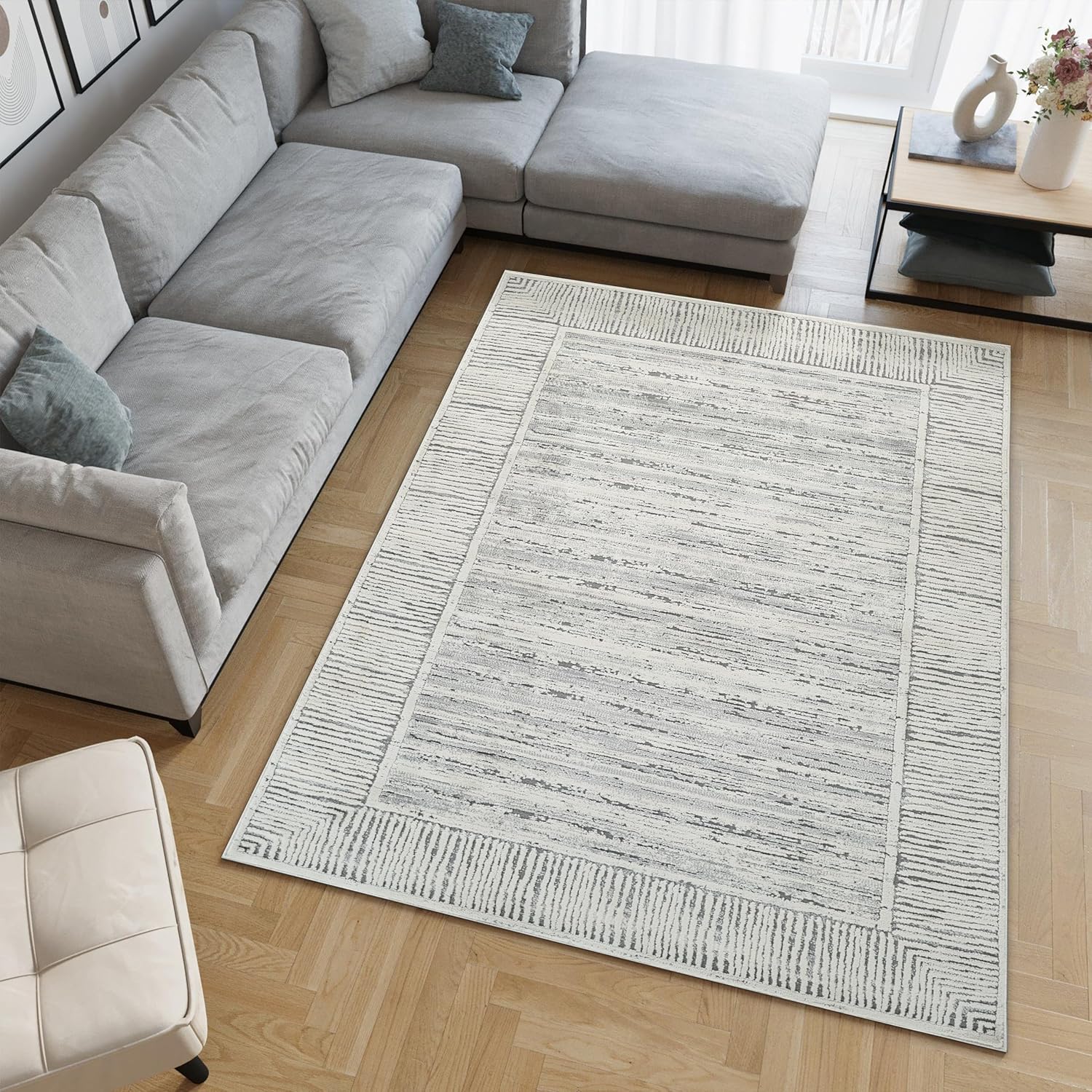Grey & Ivory Striped Stain Resistant 8x10 Area Rug S8252