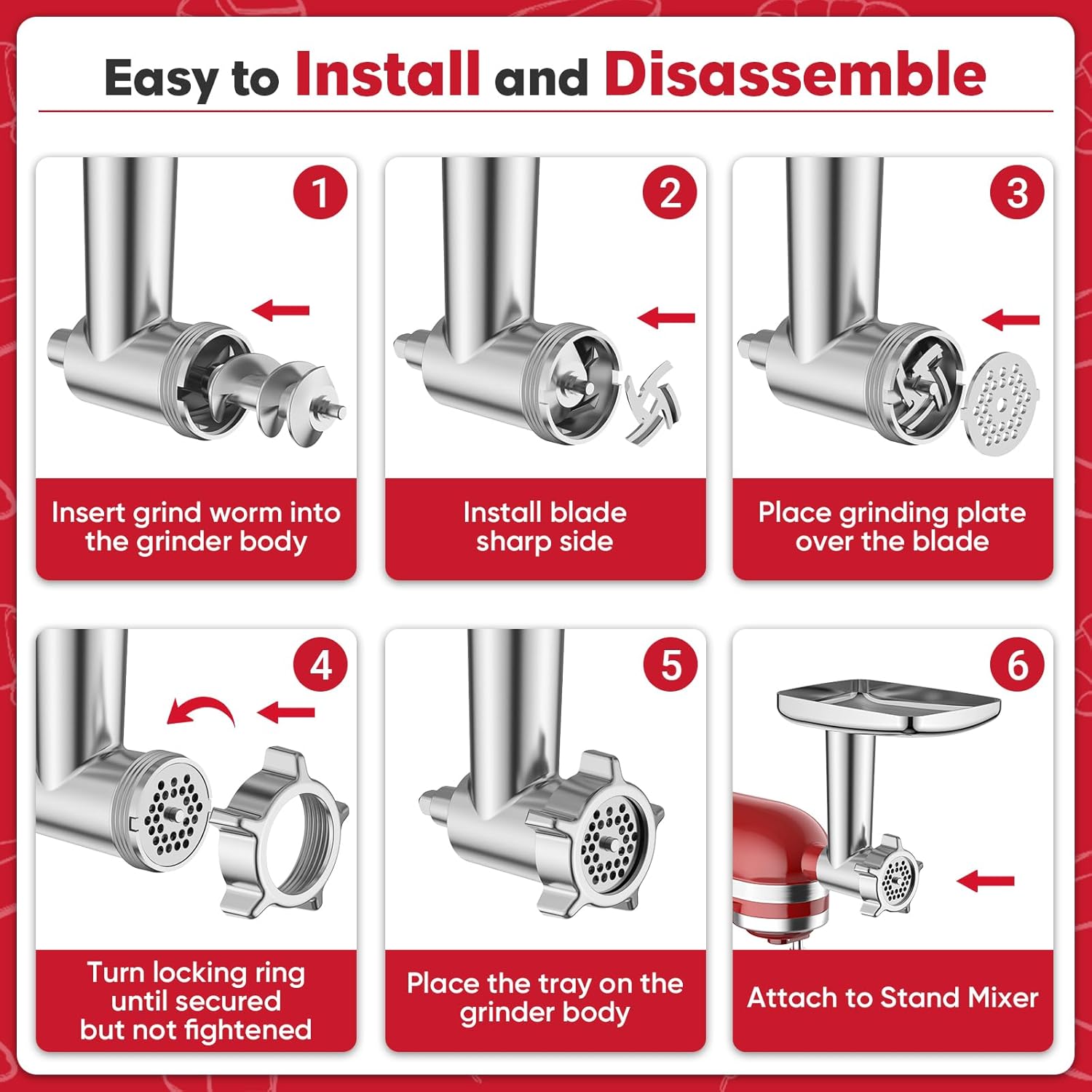 Meat Grinder Attachment for Kitchenaid Stand Mixers with 4 Grinding Plates, 3 Sausage Stuffer Tubes, 2 Grinding Blades B21340