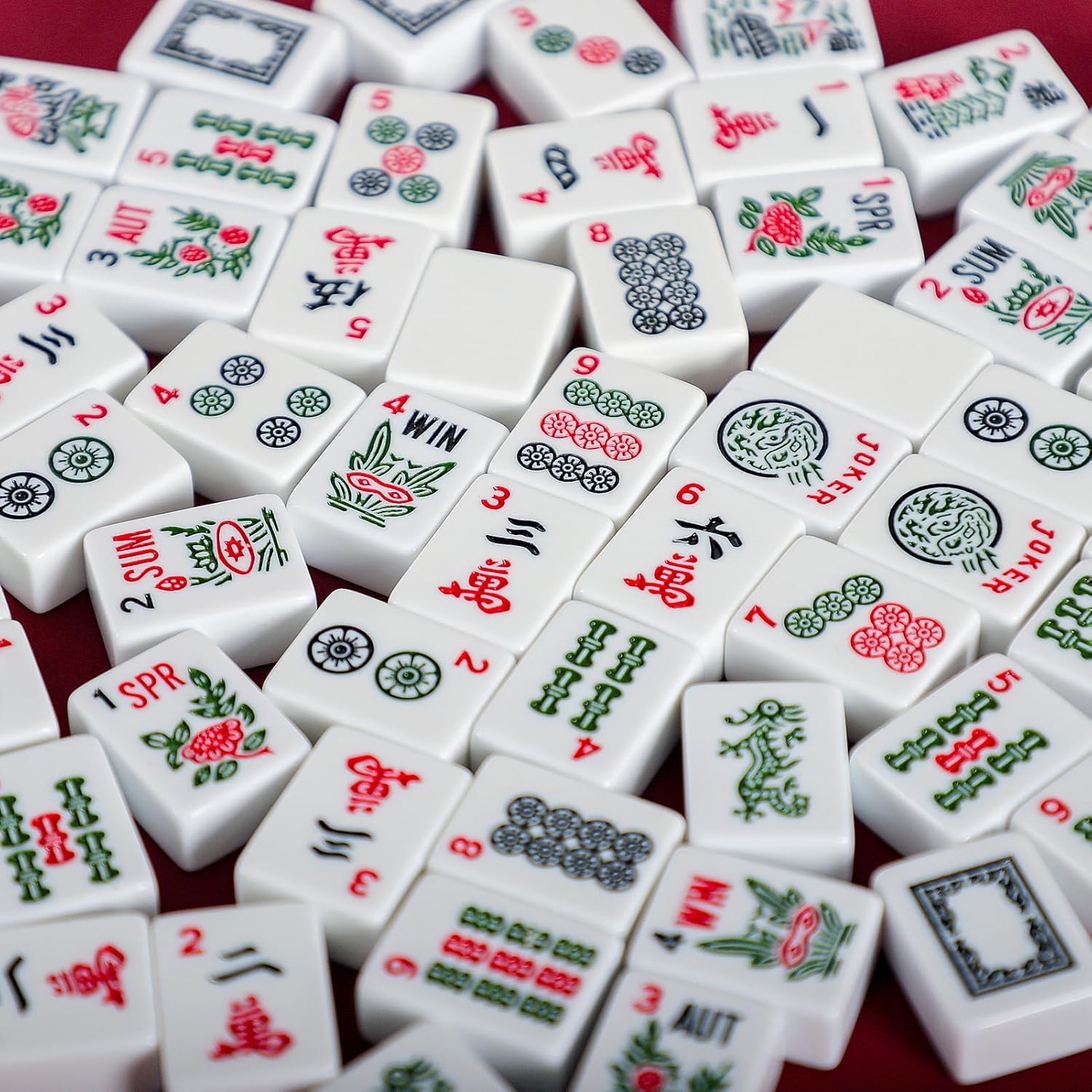 166 White Tiles Mahjong Set with Green Bag and Rack Pushers W276