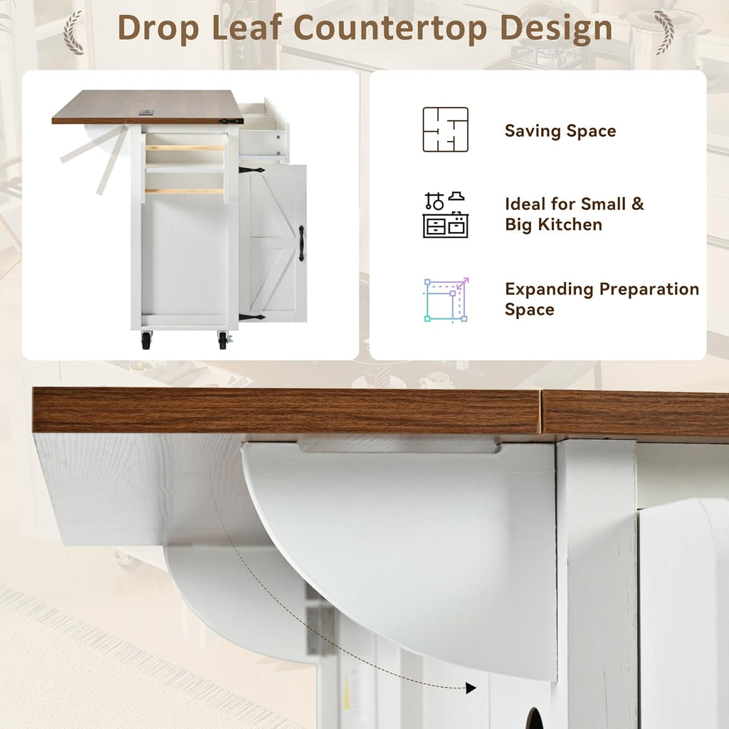 White Kitchen Island with Power Outlet and Drop Leaf Q981383