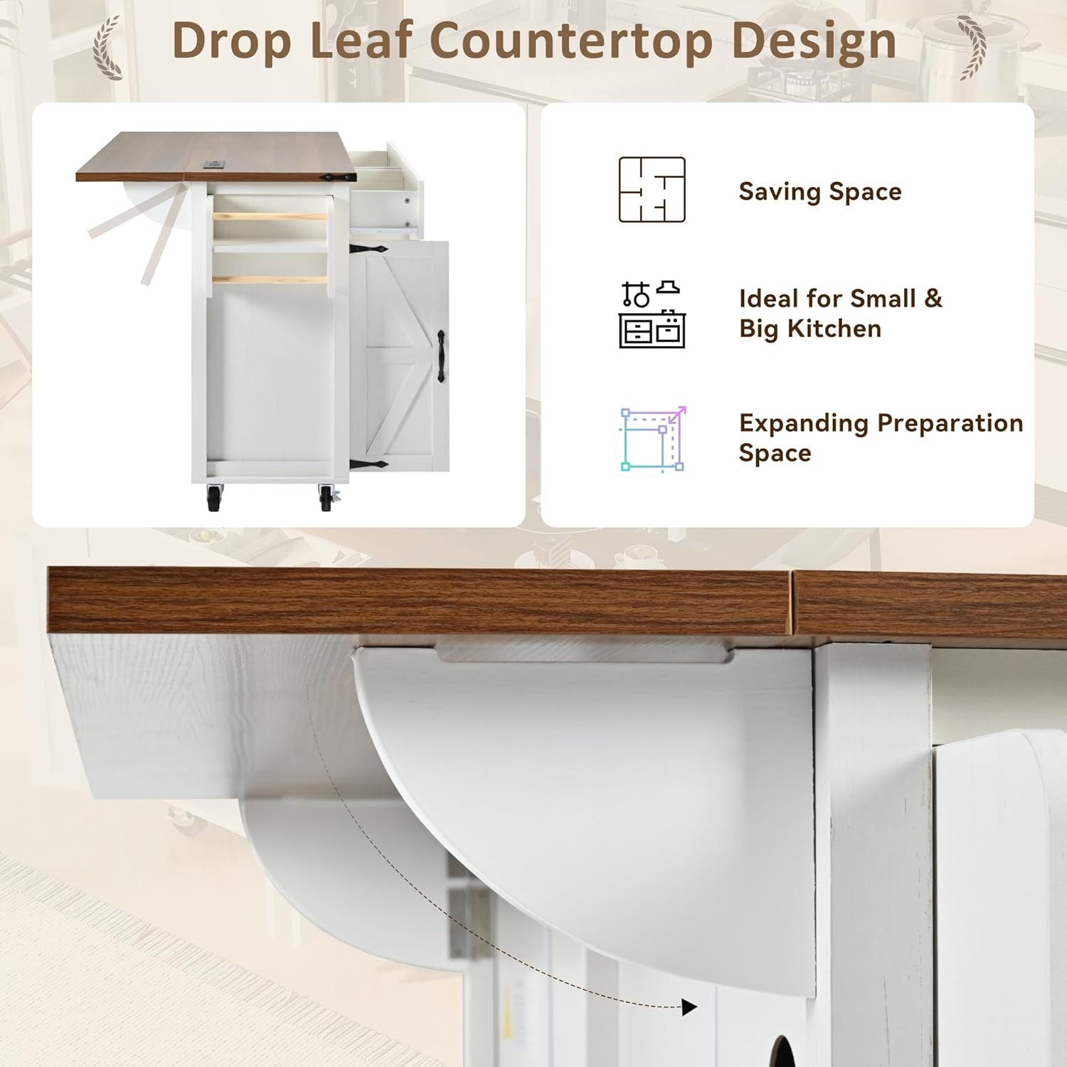 White Kitchen Island with Power Outlet and Drop Leaf Q981383