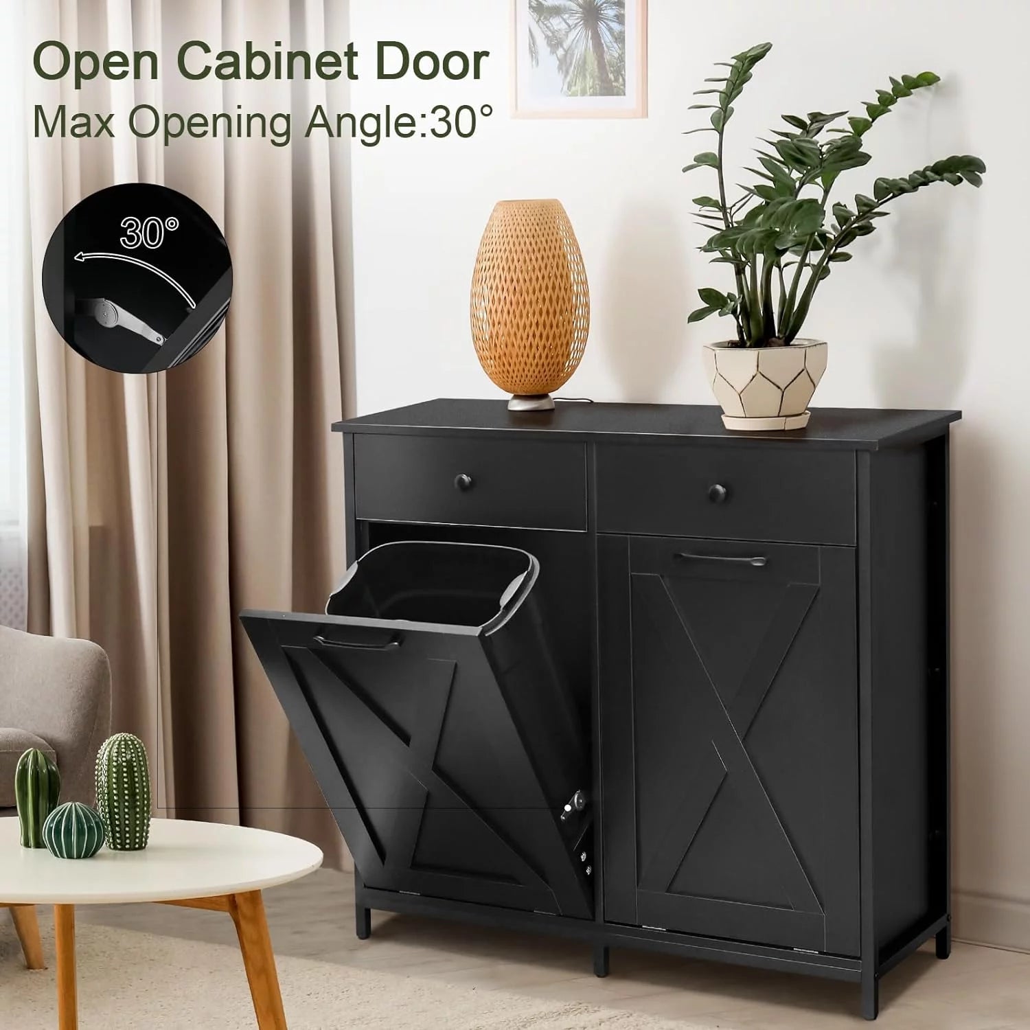 Double Tilt Out Trash Cabinet Freestanding Recycling Cabinet Garbage Can Holder with Drawers A657444