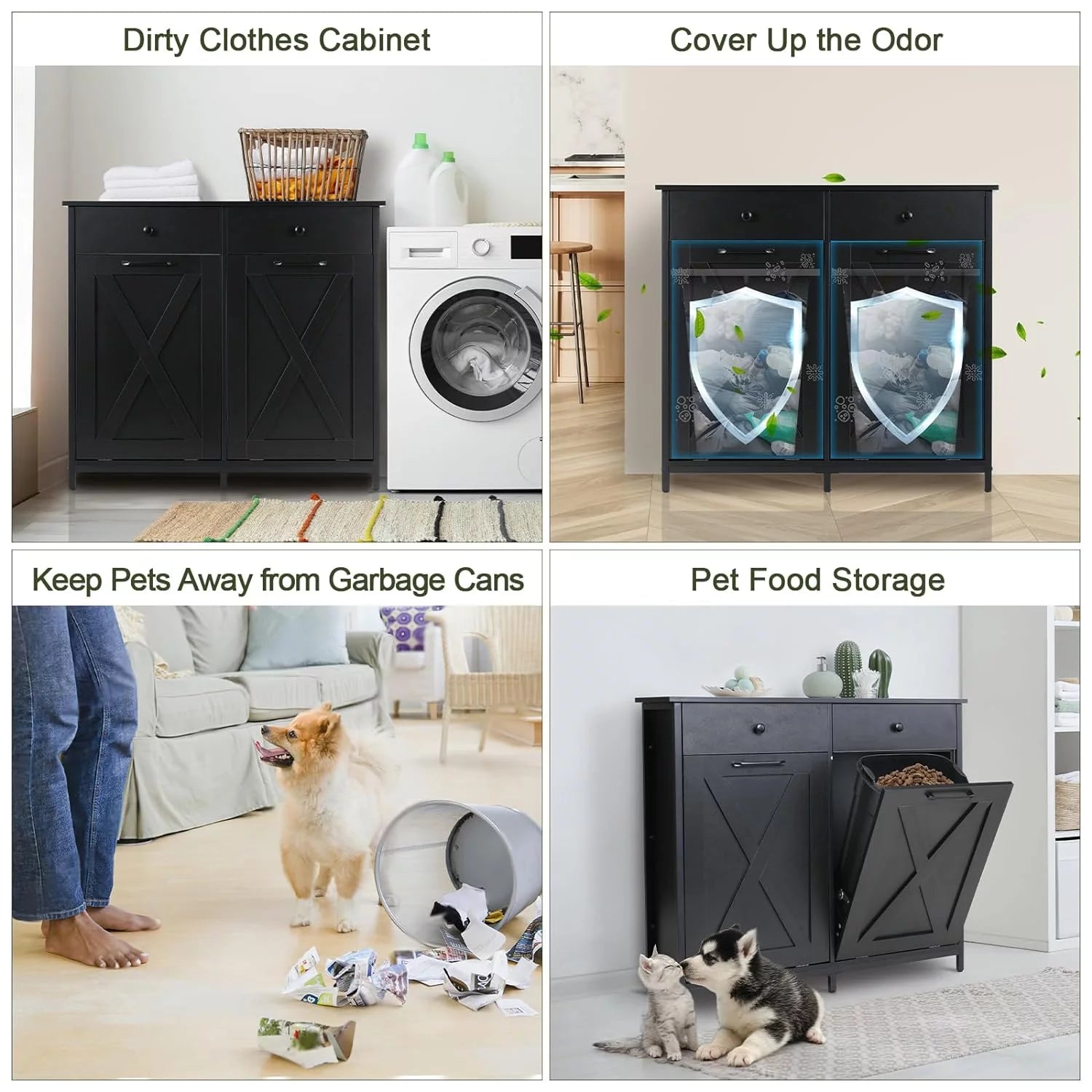 Double Tilt Out Trash Cabinet Freestanding Recycling Cabinet Garbage Can Holder with Drawers A657444
