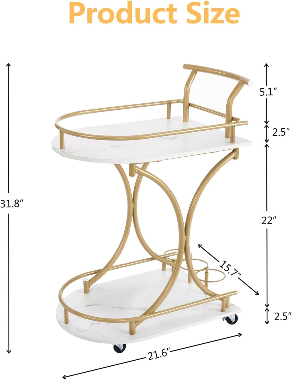 Gold 2-Tier Bar Cart with Wine Rack and Glass Holder Y521738