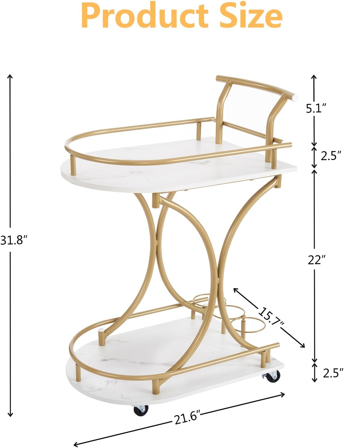 Gold 2-Tier Bar Cart with Wine Rack and Glass Holder Y521738