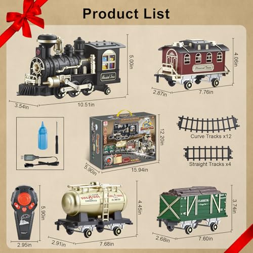 Remote Control Steam Locomotive Toy Train with Smoke, Lights, Sound & Tracks J3276