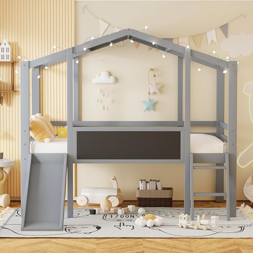 White Twin Low Loft Bed with Slide and Storage Shelves A880