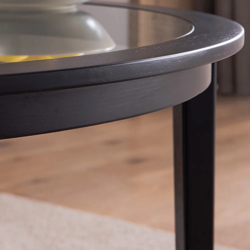 Black Round Tempered Glass Coffee Table with Solid Wood Legs A1992