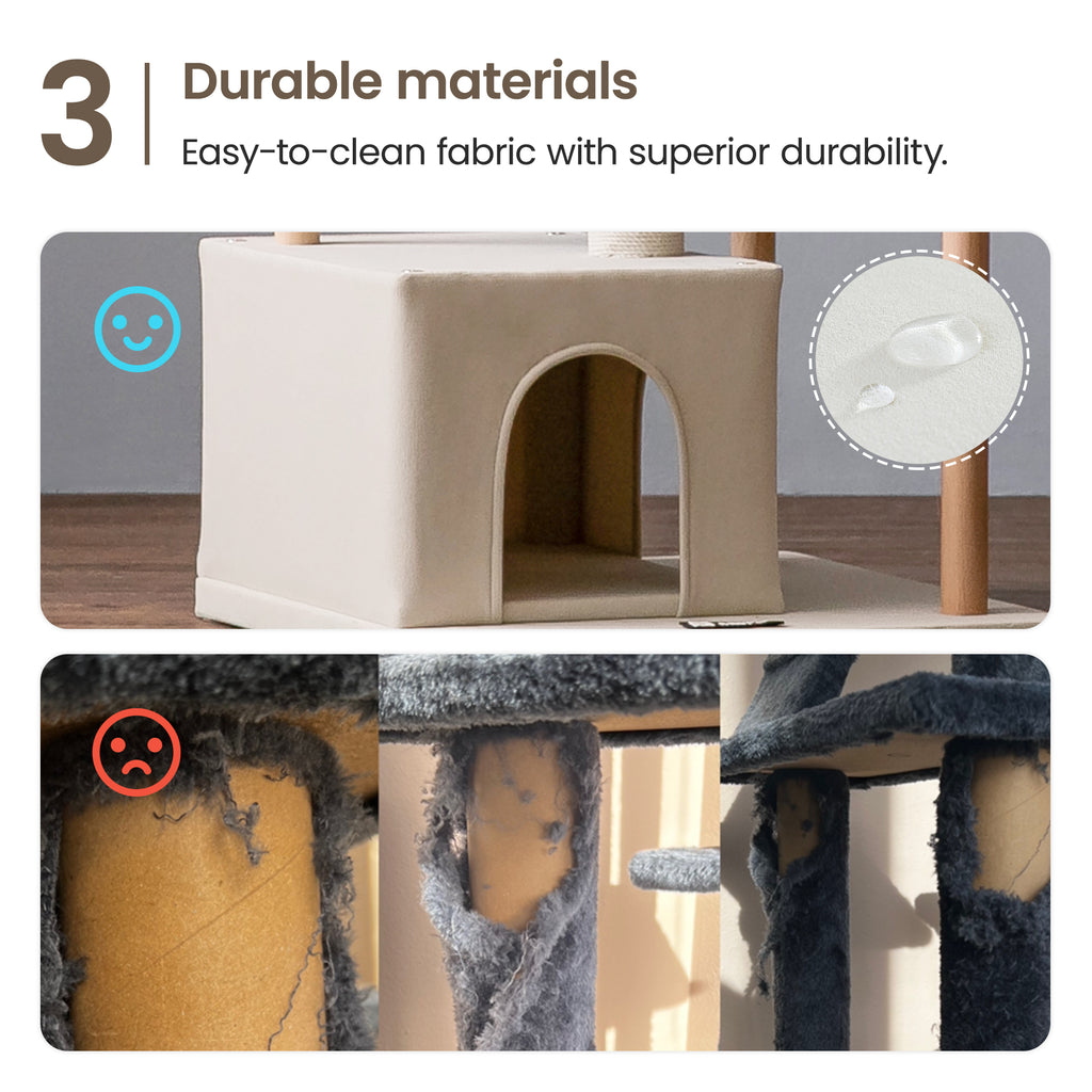 Beige Multi-Level Wood Cat Tree with 2 Condos and Perch G3995