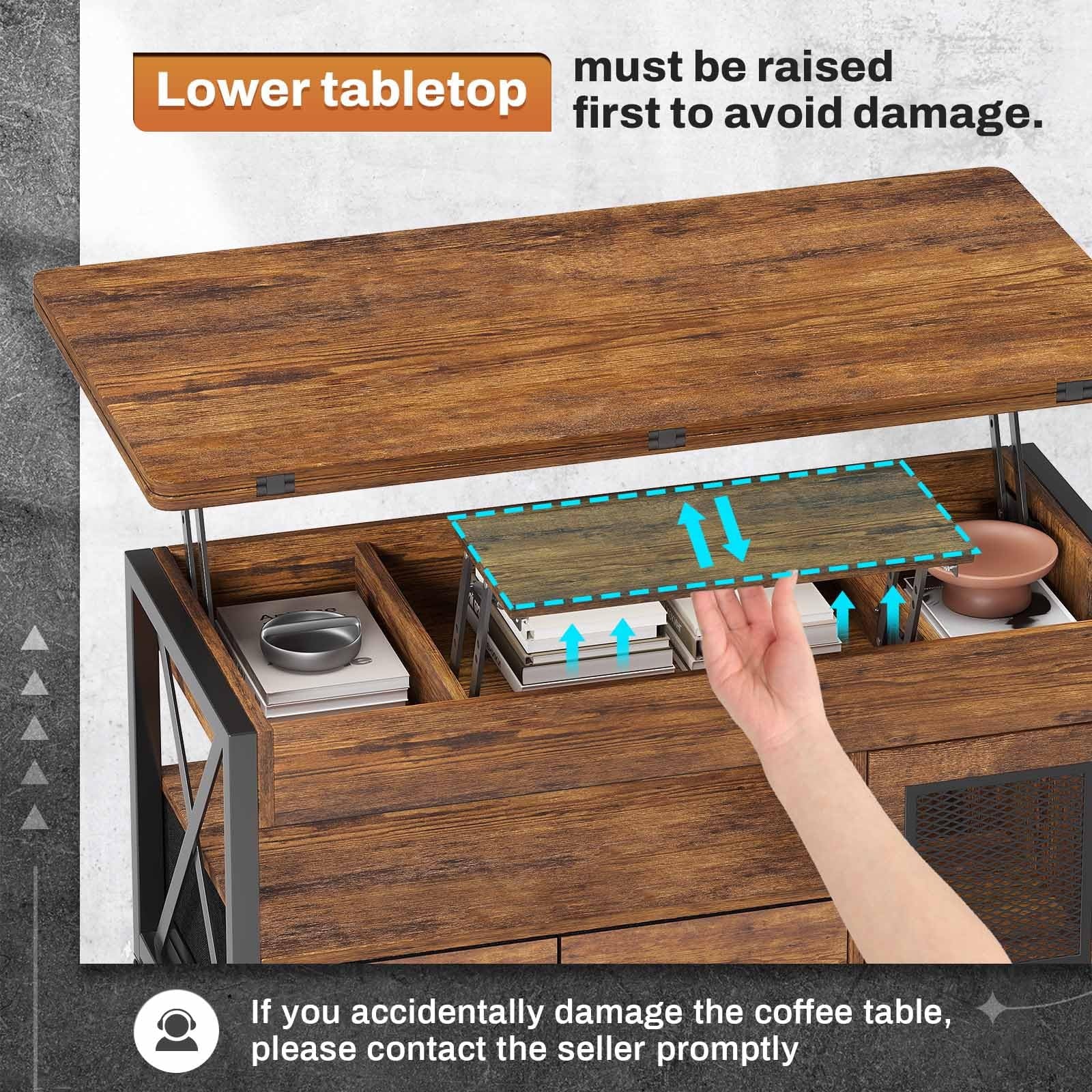 40" Lift Top Coffee Table with Storage Cabinet, 2 Fabric Drawers and LED Light, Rustic Brown D42404