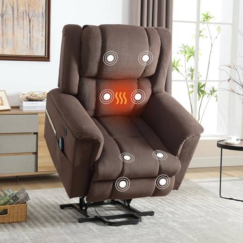 Power Lift Chair with Heat and Massage, Electric Wooden Frame Recliner Chair with Side Pocket, USB Charge Port N2575