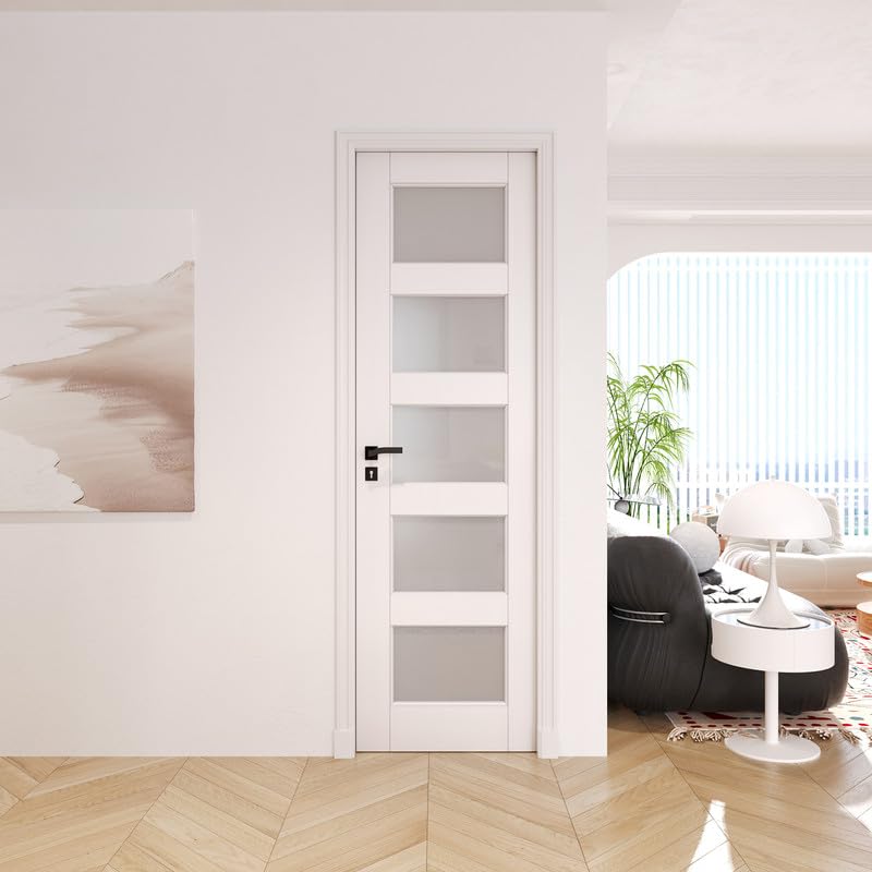 24" x 80" Slab Doors 5-Lite Tempered Frosted Glass Interior French Door, Solid MDF Door PVC Surface Single Panel Slab T403