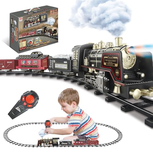 Remote Control Steam Locomotive Toy Train with Smoke, Lights, Sound & Tracks J3276