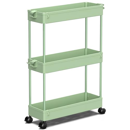 Slim Storage Cart 3 Tier Mobile Shelving Unit Rolling Utility Cart Tower Rack, Plastic & Stainless Steel C423918