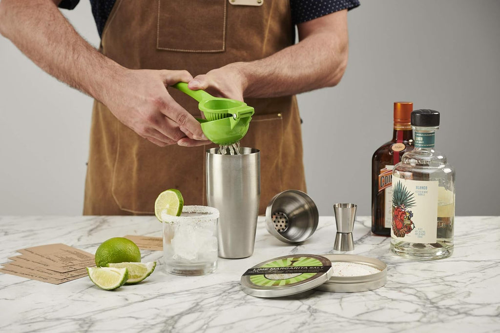 Set of Rocks Glasses, Stainless Cocktail Shaker & Jigger, Citrus Squeezer, Margarita Salt, Recipe Cards S619
