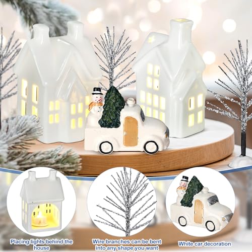17 Piece Christmas Village Set with 4 LED White Ceramic Houses, 4 Ceramic Trees, Plastic Truck, 7 Branch Trees F67905