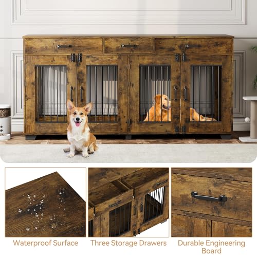 White Wooden Double Dog Crate with 3 Drawers T601938