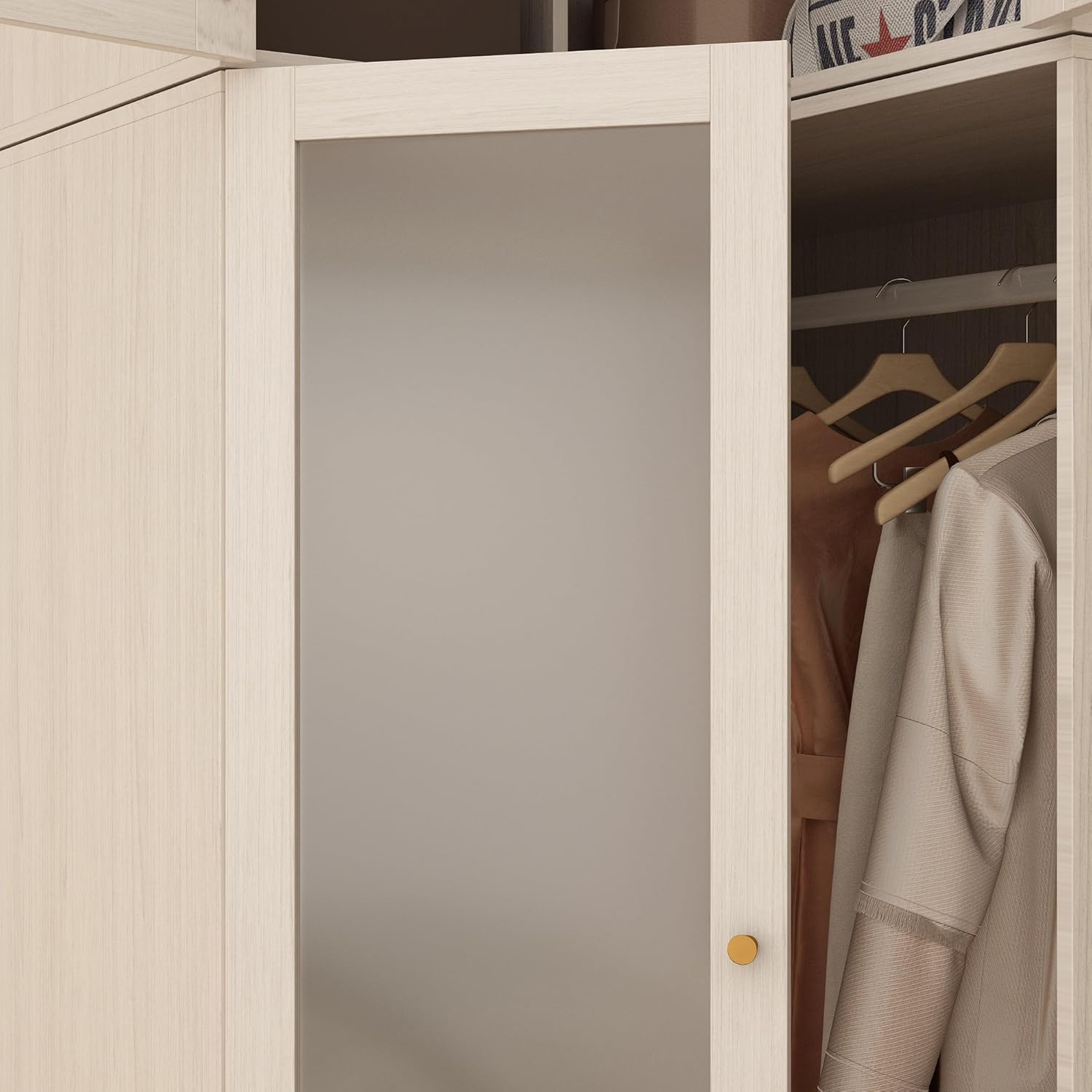 L-Shape Armoire Wardrobe Closet with Frosted Glass Doors, Wooden Storage Cabinet, Warm Grey T792895