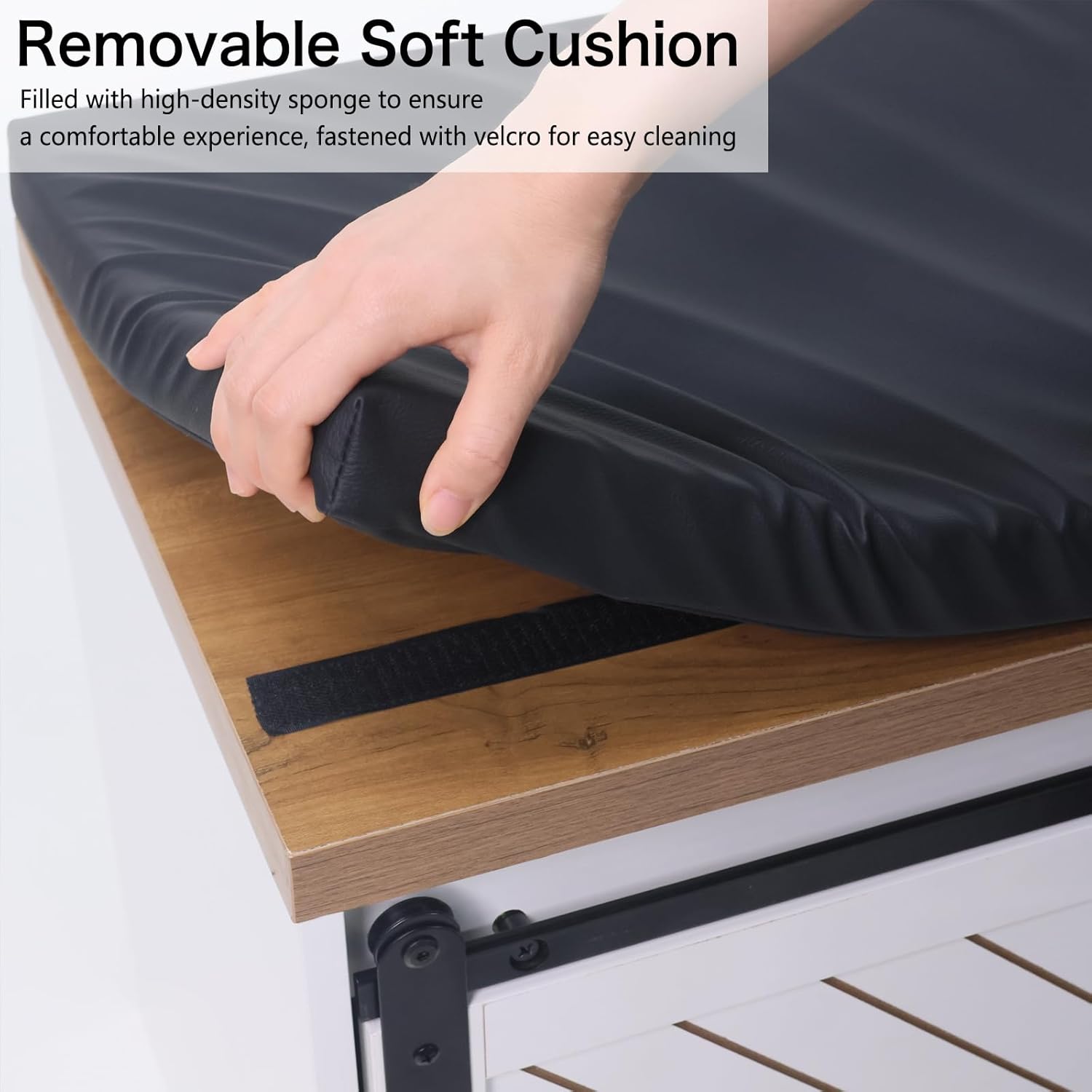 Shoe Storage Bench with Padded Seat Cushion and Sliding Barn Doors Q725