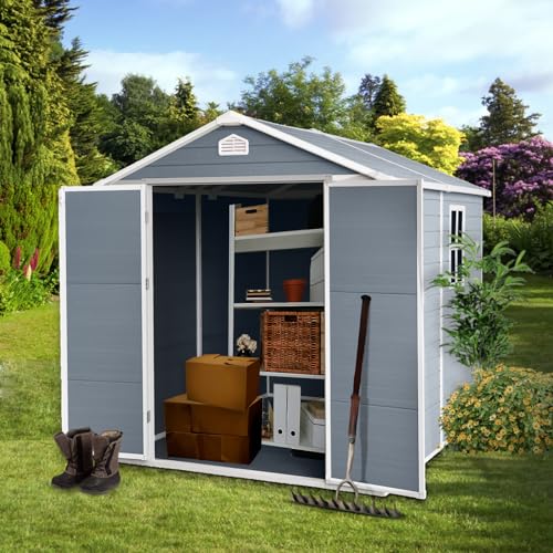 Grey Resin Outdoor Storage Shed with Door & Lock Q53650