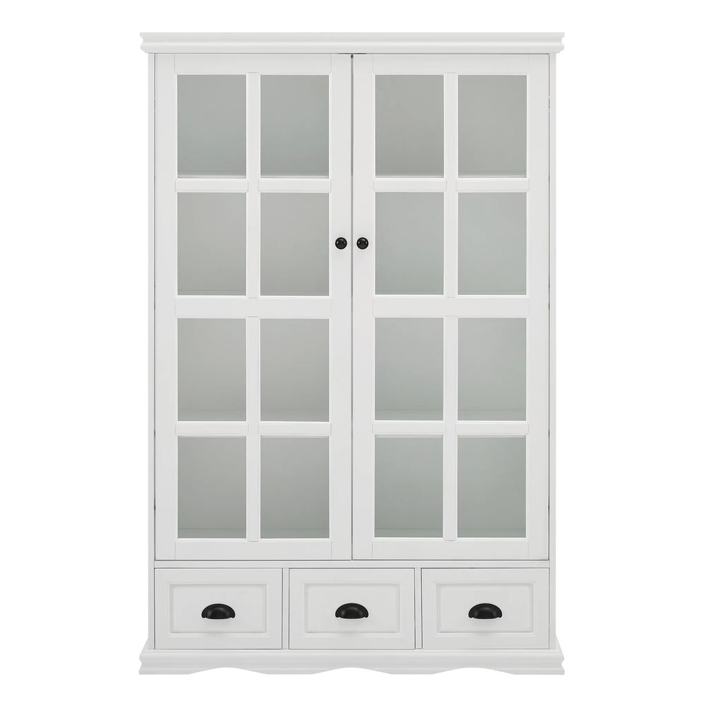 White Storage Cabinet with Tempered Glass Doors and Triple Drawers R9068