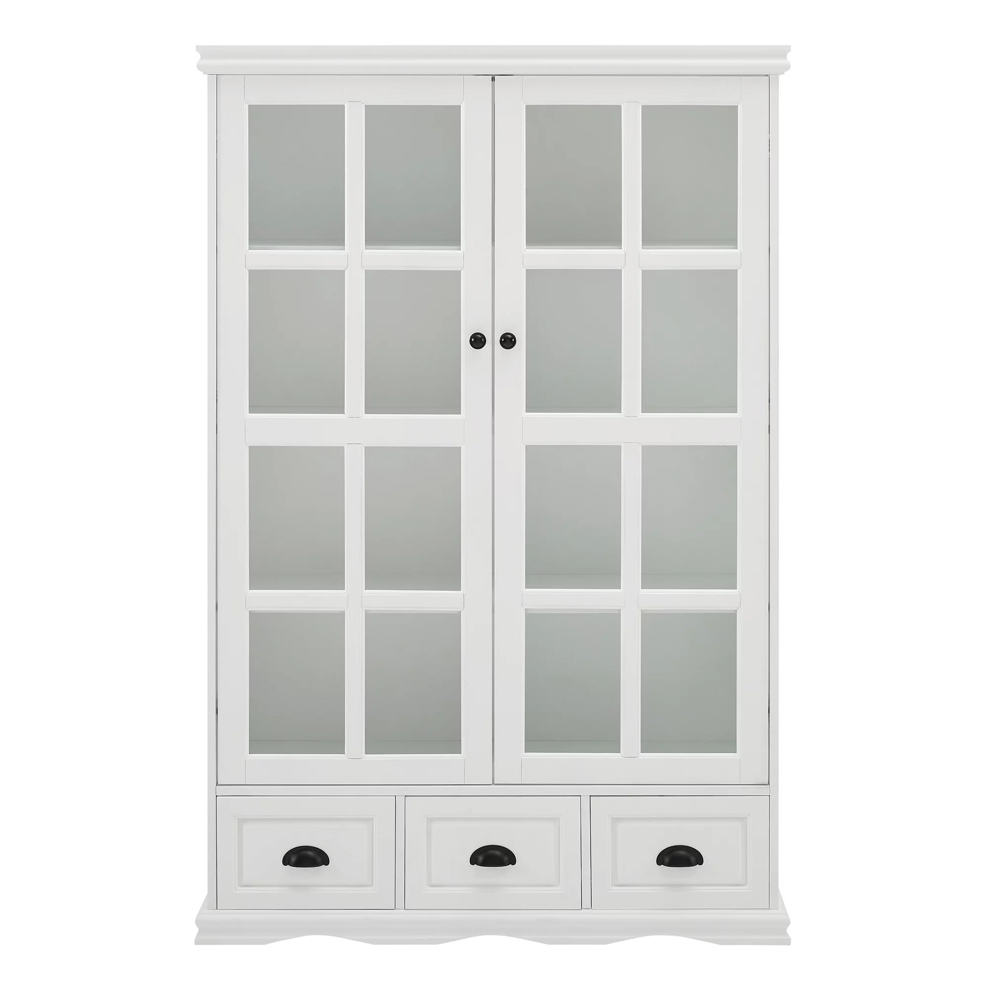 White Storage Cabinet with Tempered Glass Doors and Triple Drawers R9068